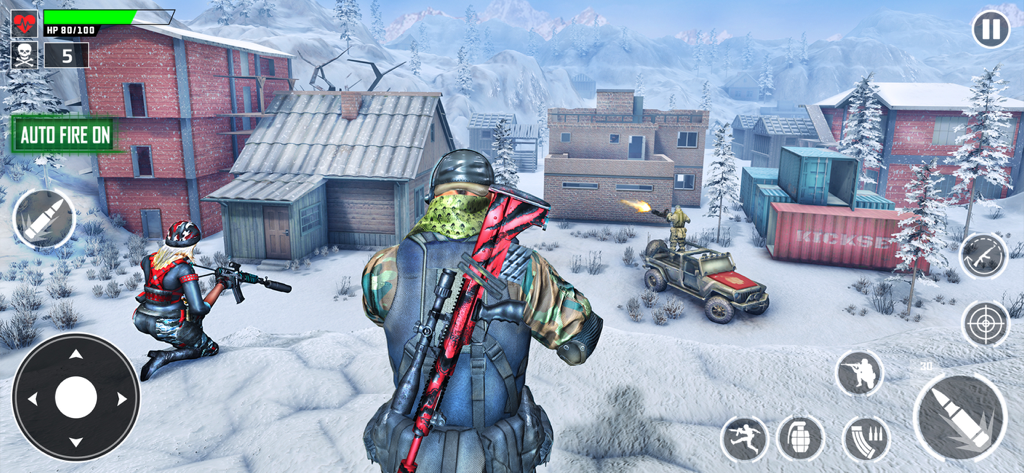 Trigger Fist Gun Shooting Game - Third person view of a soldier in a snowy military mission