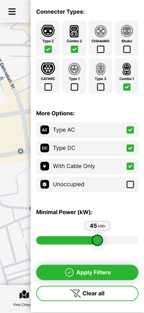 EV Power Georgia - Screen of the EV Power Georgia app showing charging station filters for connector types and power settings