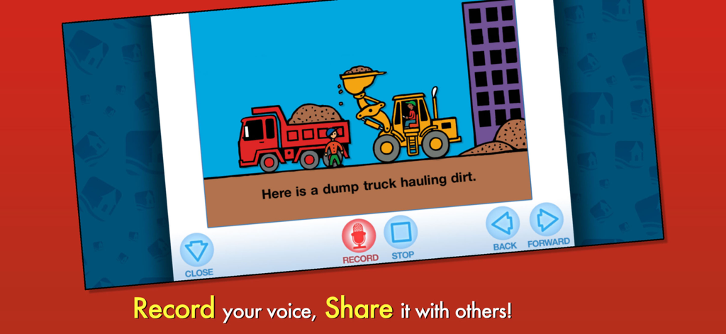An interactive page from the Byron Barton Collection app showing a dump truck and a feature to record your own narration.