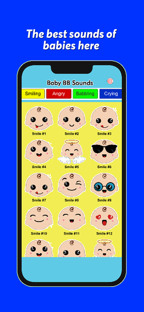 Baby BB Sounds - A mobile app interface for Baby BB Sounds showing a grid of adorable smiling baby face icons.