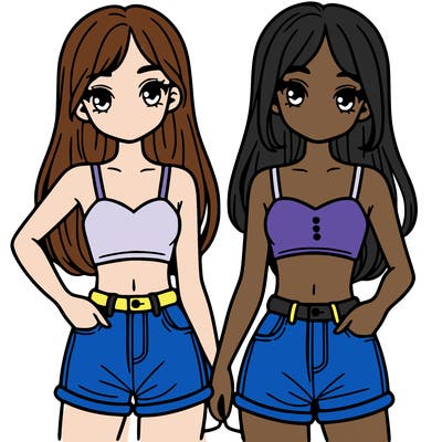 two sisters with crop tops and jean shorts and straight hair