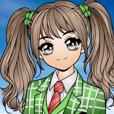 realistic girl with two ponytails and a suit on