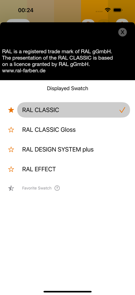 RAL iColours - Menu showing RAL color swatch options including Classic Design System and Effect