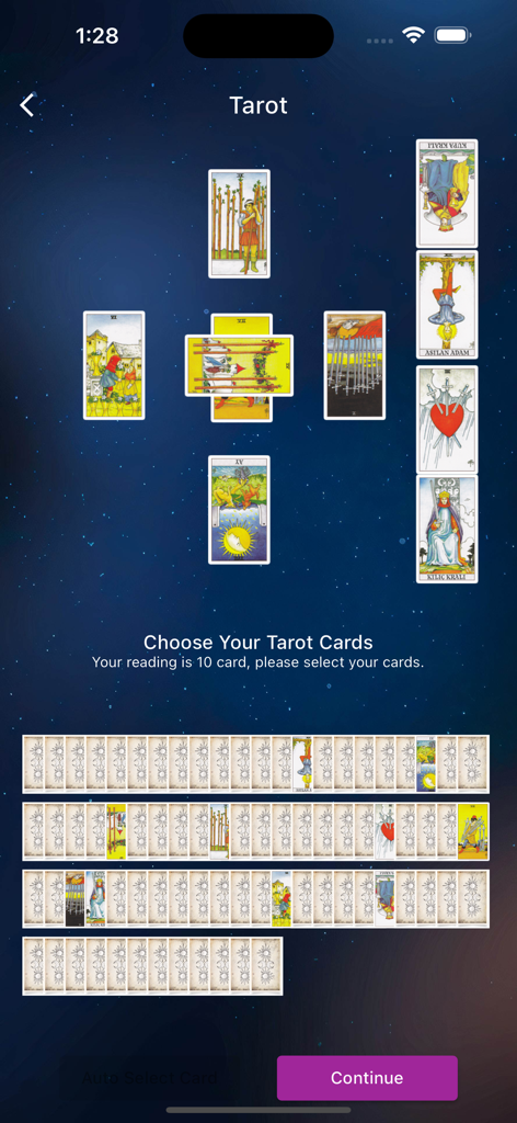 Ten card tarot reading spread selection screen in the Falyolu app