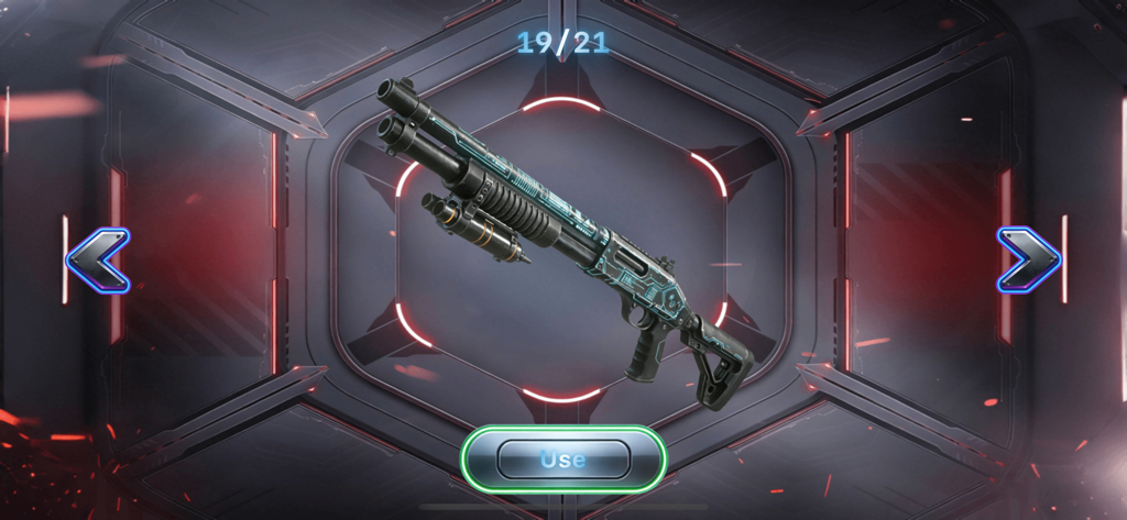 Gun Sound: Watch Weapon Box - Un'interfaccia digitale che mostra un fucile a pompa nero con motivi tecnologici luminosi blu e un pulsante di utilizzo