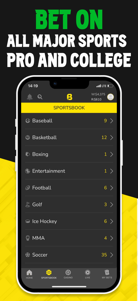 ベッティングのためのサッカーやバスケットボールなどの主要スポーツカテゴリをリストするBet On Sportsアプリのモバイル画面