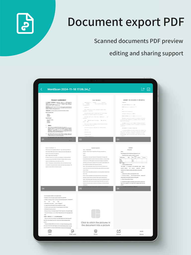 Schermata iPad che mostra l'app WorldScan HD con una griglia di documenti scansionati per l'esportazione in PDF e l'anteprima