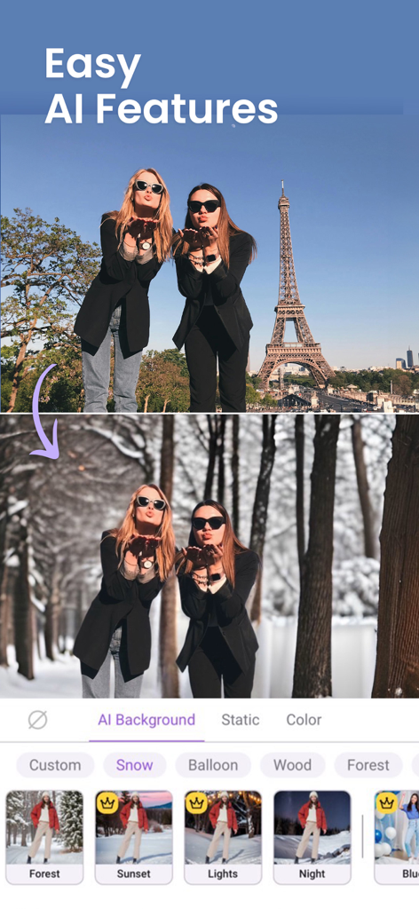 Vivid Glam Video/Photo Retouch - 都市の風景を雪の森に変更したAI背景置換のビフォーアフター比較