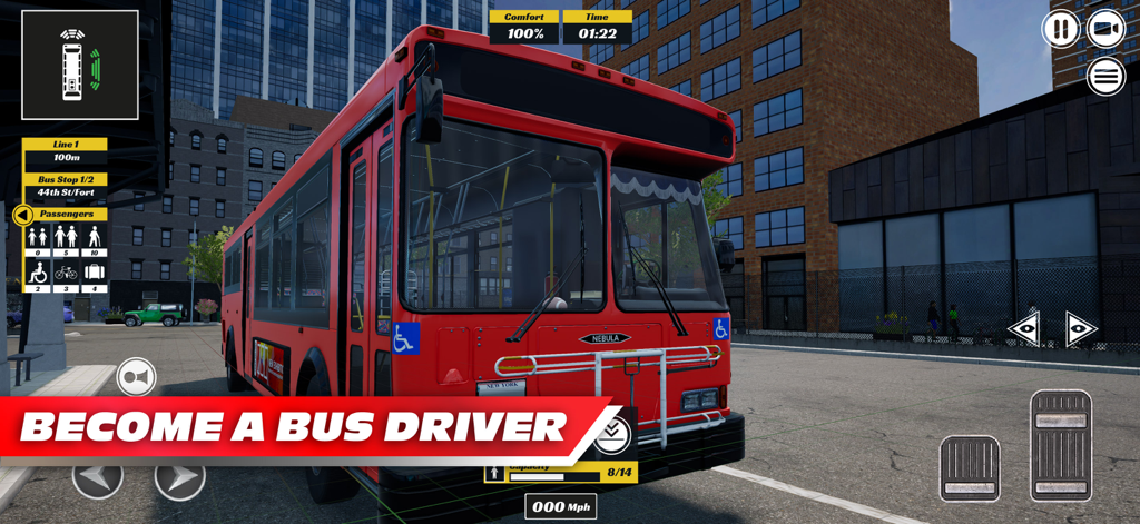 A red city bus on an urban street with gameplay driving controls UI