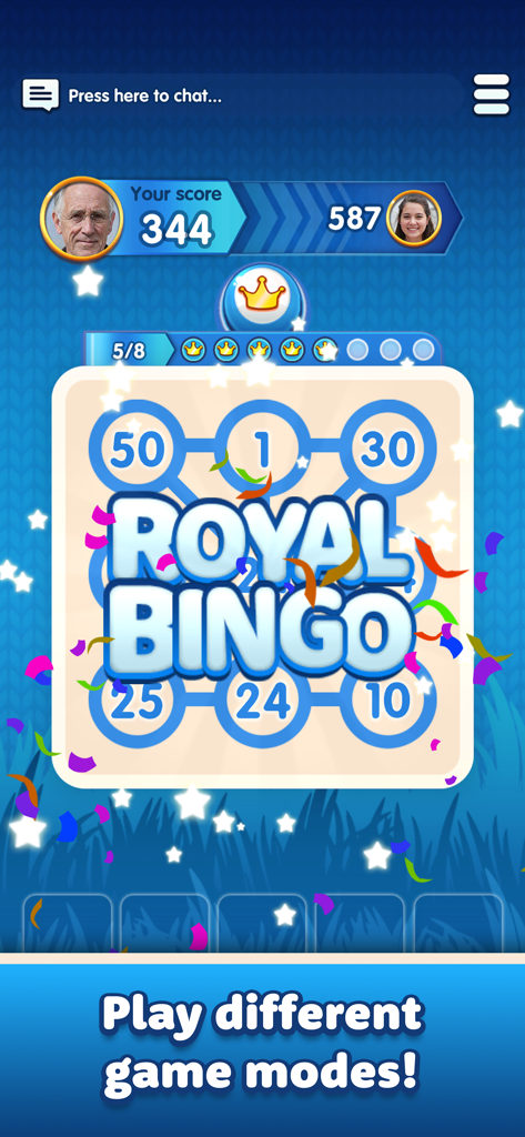 Royaldice: Dice with Everyone - Royaldice mobile game screenshot displaying the Royal Bingo game mode and player scores