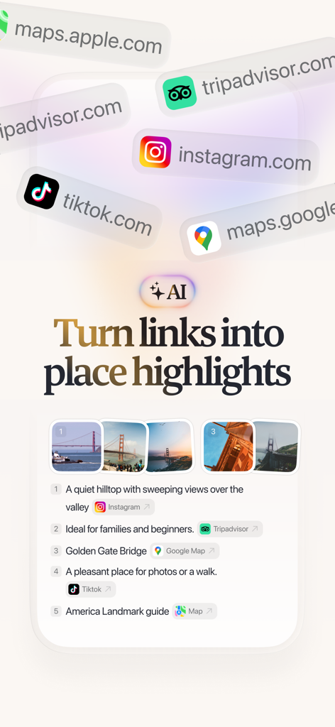 Placify - Map & Trip Planner - A promotional image for the Placify app showing how AI turns links from social media platforms like TikTok and Instagram into organized travel highlights with photos and descriptions.