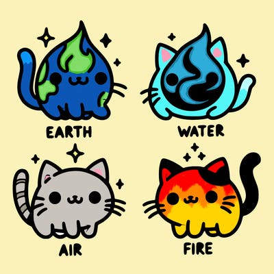 4 cats that represent the different elements, earth, water, air, and fire