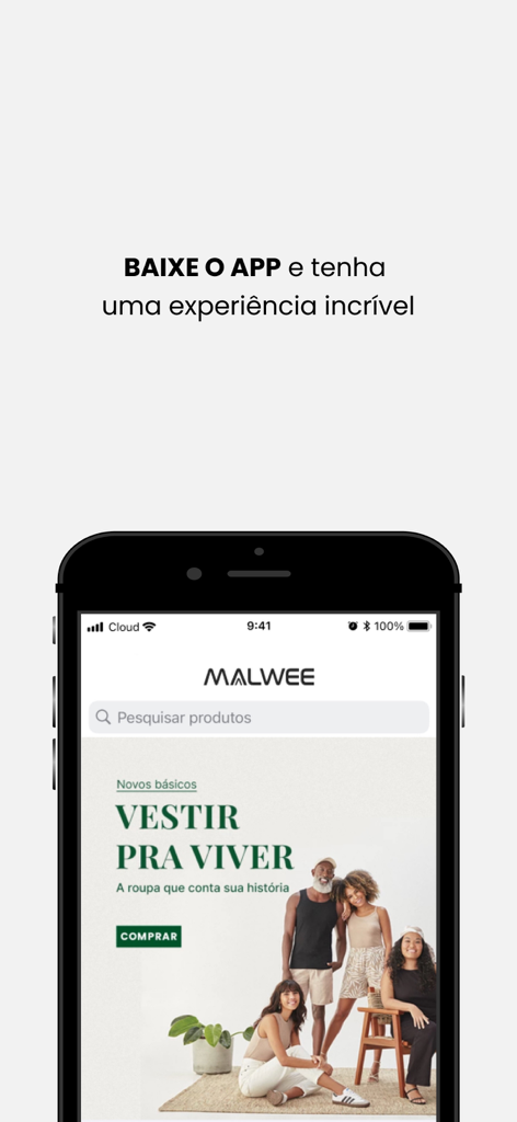Malwee - Malwee shopping app home screen displayed on an iPhone featuring the brand logo and a fashion campaign with a group of diverse models.