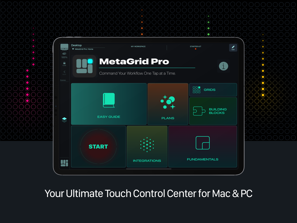 MetaGrid Pro - MetaGrid Pro home screen on an iPad displaying the touch control center for Mac and PC