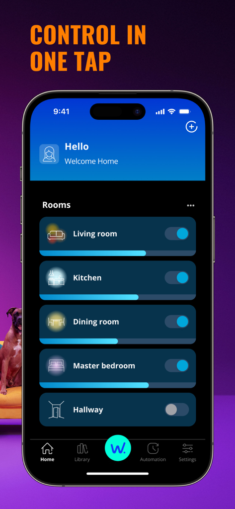 WiZ Connected app dashboard showing lighting controls for different rooms in a smart home