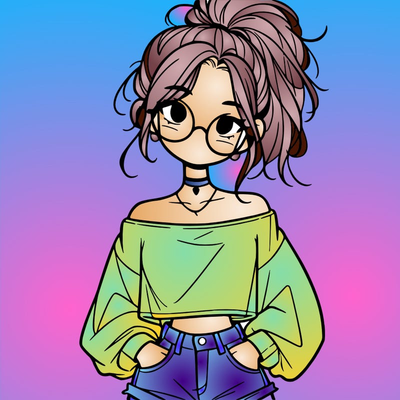 girl with a messy ponytail glasses a baggy crop top and jean shorts