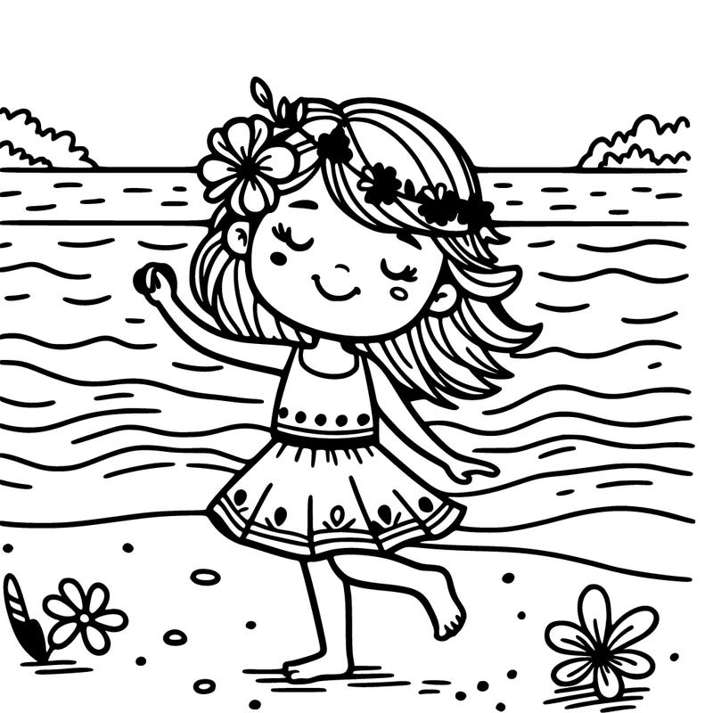 girl dancing the beach next to the ocean with a flower in her hair