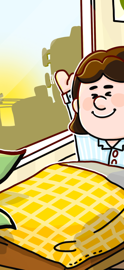 원룸만들기 - 햇살 가득한 스튜디오 아파트에서 노란 체크 담요를 덮고 웃고 있는 사람의 만화 일러스트.