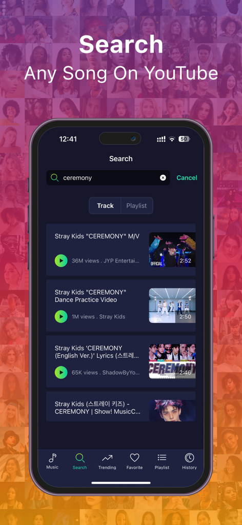 Musica XM - Offline Music - Interface of Musica XM app showing search results for music on YouTube.