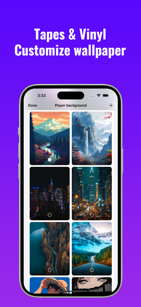 Wake Music：Offline Music - Music player background selection screen with various artistic wallpaper options.