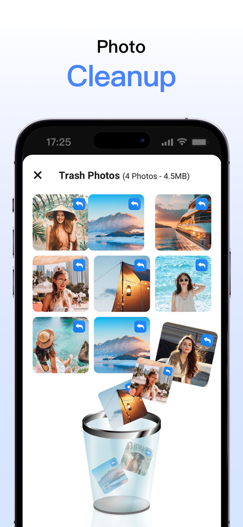 Phone Cleaner: Clean Up Smart - Smartphone interface showing photos being moved into a trash bin to free up storage space
