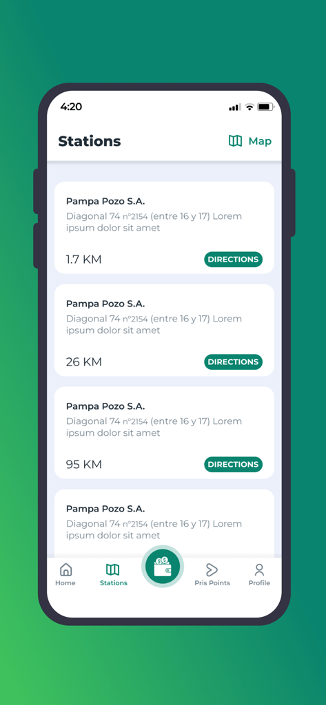 Mobile app screen showing a list of nearby gas stations with distance and directions buttons