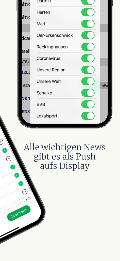 Recklinghäuser Zeitung - Bildschirm für Push-Benachrichtigungseinstellungen in der Recklinghäuser Zeitung App, der verschiedene lokale NachrichtenKategorien und Städte anzeigt