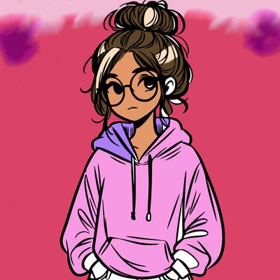 teen girl with a messy bun and glasses wearing a loose hoodie and jeans