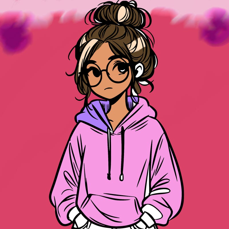 teen girl with a messy bun and glasses wearing a loose hoodie and jeans