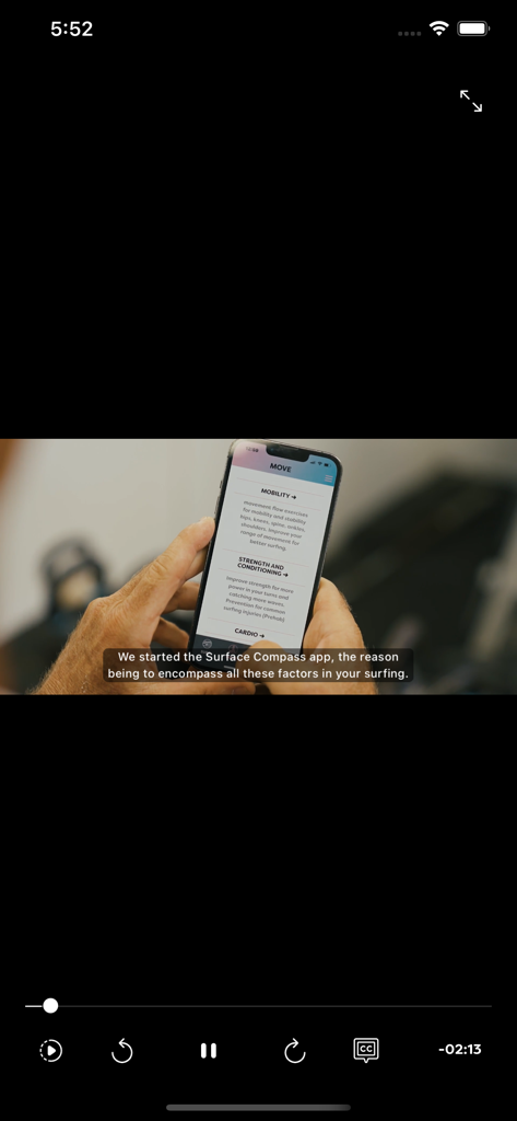SurfersCompass app interface showing surf mobility and strength training categories