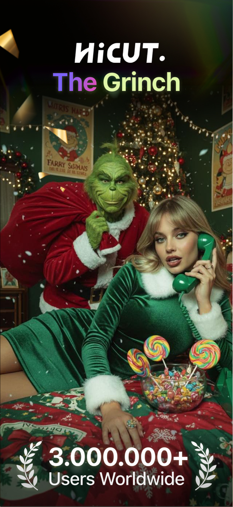 AI-generated holiday photo featuring a woman and the Grinch from the HiCut app
