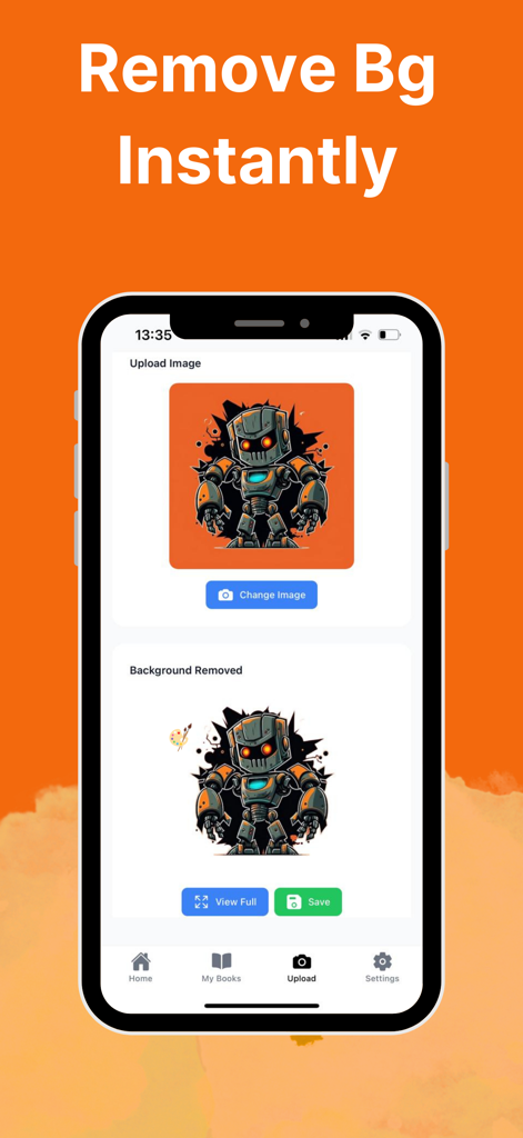 Painty: AI Printable Pages - Interface do aplicativo Painty demonstrando o recurso de remoção de fundo instantânea para uma imagem de um robô.