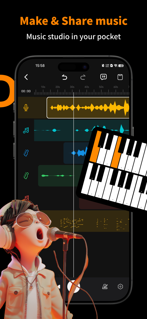 Vocal Remover Editor: MusicLab - A mobile app interface of MusicLab showing a multitrack audio editor and a virtual piano keyboard