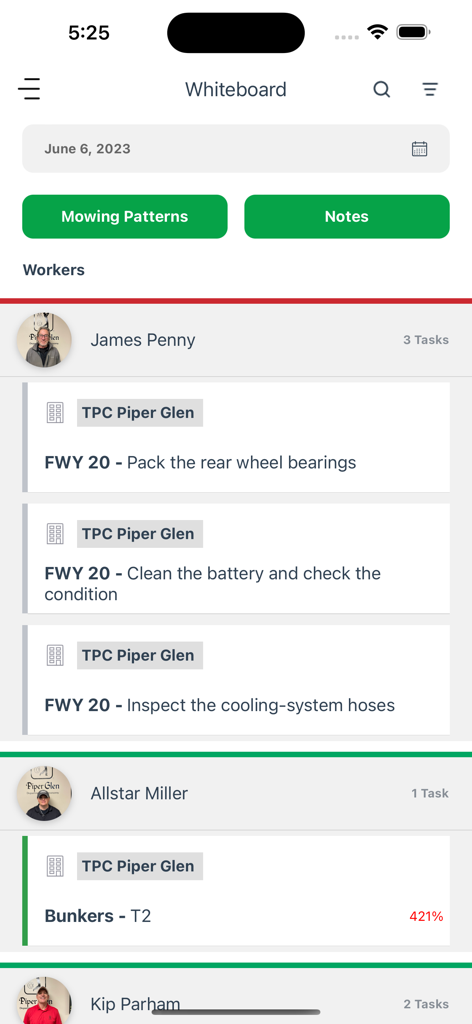 Turf Assistant app screen showing maintenance tasks assigned to workers on a digital whiteboard.