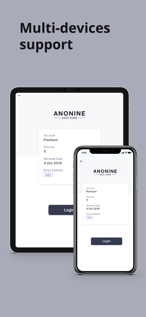 Anonine - Best VPN Service - Anonine VPN interface on iPhone and iPad showcasing multi device support