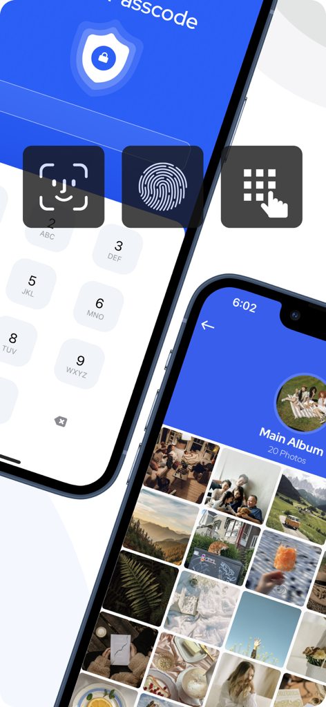 SV - Private Photo Vault PRO - Private Photo Vault interface showing biometric security options and a secure photo album gallery