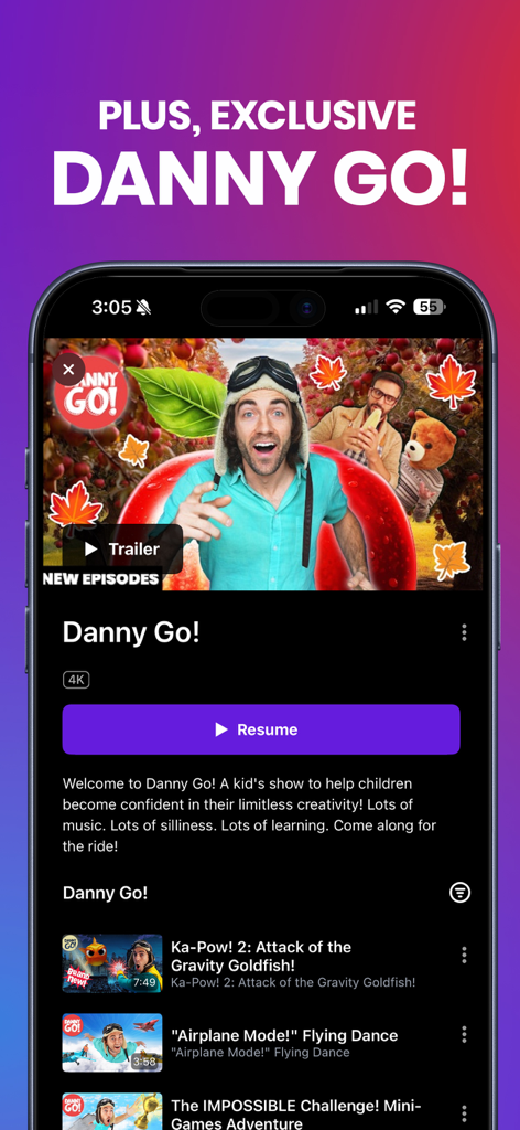 Yippee TV: Christian Kids App - Smartphone screen showing Danny Go! episodes on the Yippee TV Christian kids app