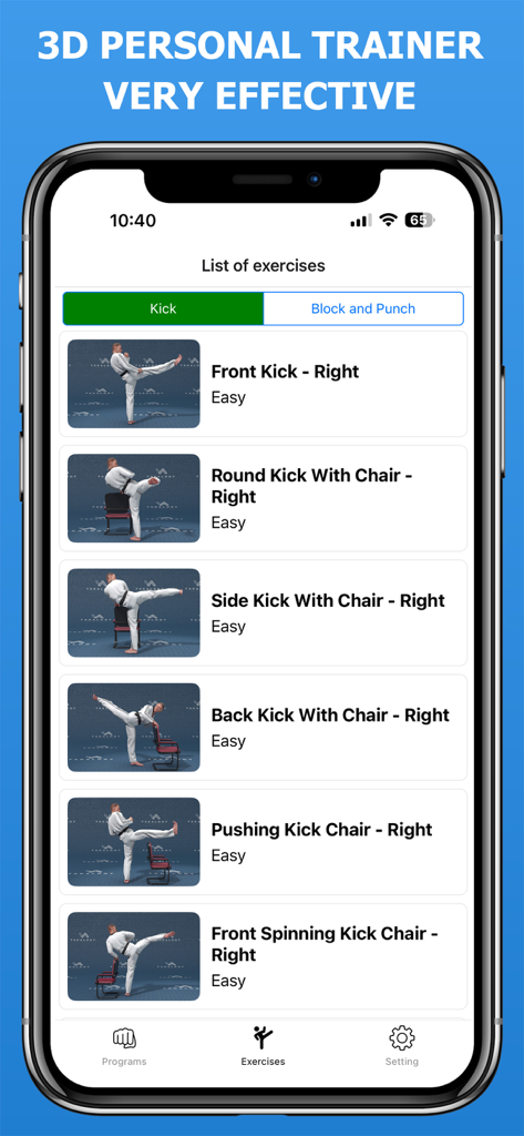A list of Taekwondo kicking exercises demonstrated by a 3D personal trainer on a mobile app interface