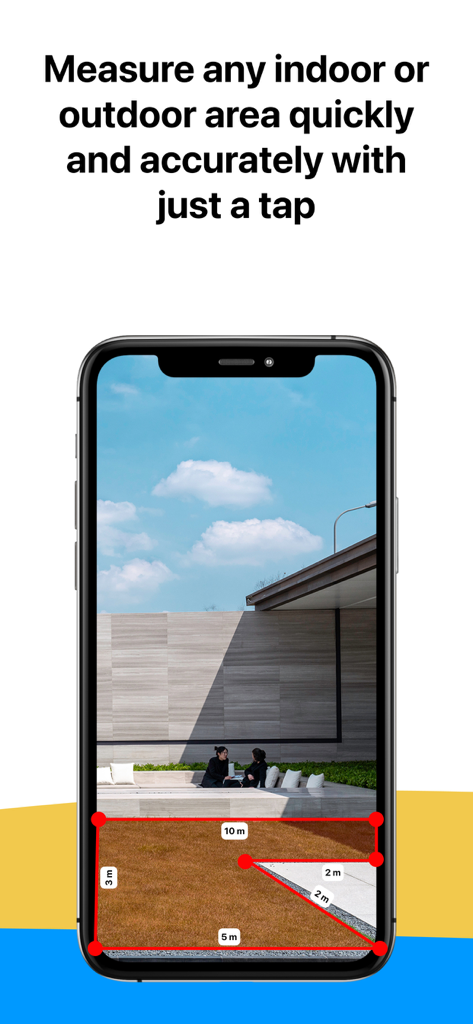 Field Area MeasureーLand Parcel - Écran de smartphone montrant une zone extérieure mesurée à l'aide de la réalité augmentée avec des lignes rouges et des étiquettes de distance