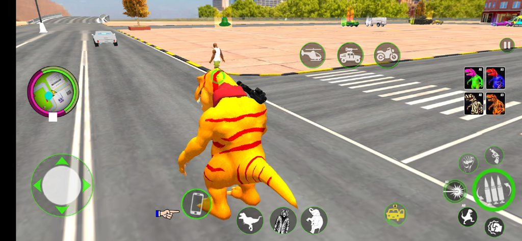Animal City Rampage Games - Una captura de pantalla del juego que muestra un personaje dinosaurio naranja en una calle de la ciudad con varios controles de juego móvil y elementos de interfaz de usuario