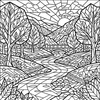 Immerse yourself in the beauty of nature with this unique stained-glass coloring page featuring serene river banks. Its bold lines and geometric patterns offer a captivating coloring experience for all skill levels.