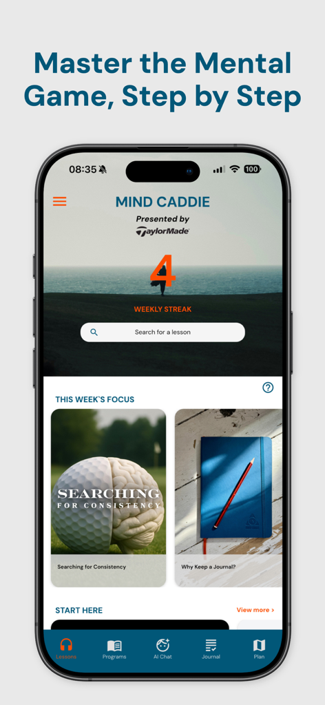 Mind Caddie app home screen showing mental golf coaching lessons and weekly streak