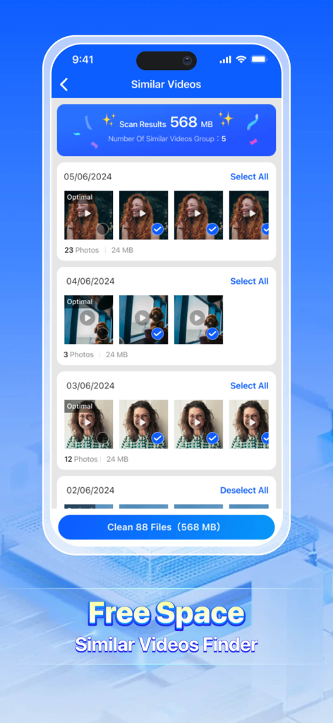 Phone Cleanerアプリの画面。写真や動画のロスレス圧縮オプションが表示されています