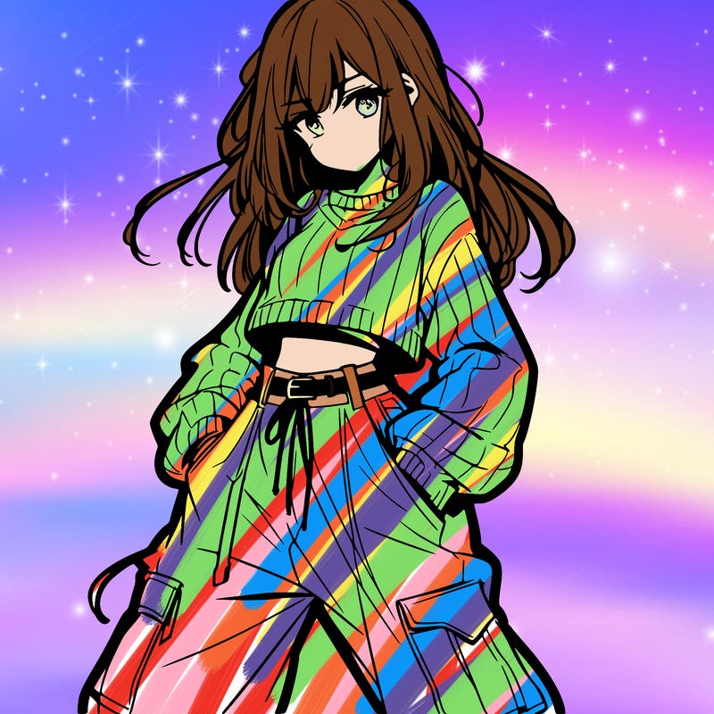 anime teen girl with baggy pants and crop top with sweater