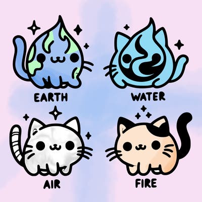 4 cats that represent the different elements, earth, water, air, and fire
