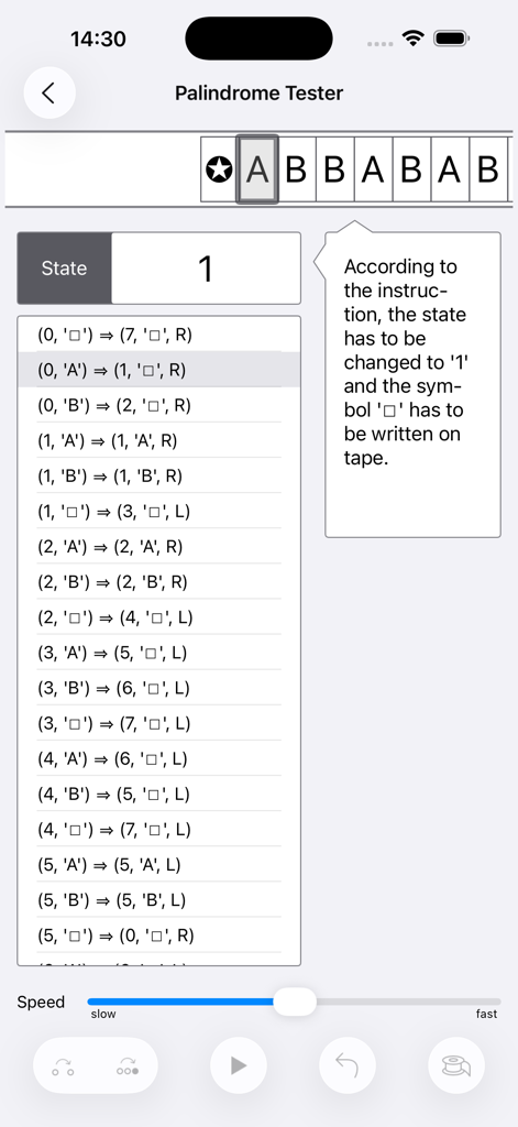 Turing Machine Simulator - Turing Machine Simulator app interface showing a palindrome tester program with state transitions and tape symbols