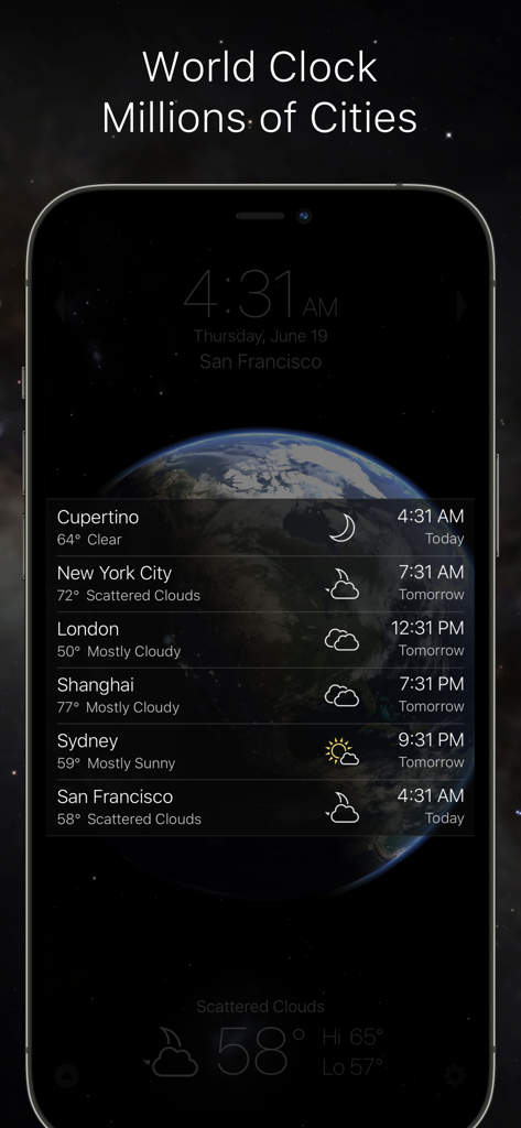 Living Earth - Clock & Weather - Interfaz de reloj mundial en la aplicación Living Earth que muestra la hora y el clima de ciudades globales sobre una vista 3D de la Tierra