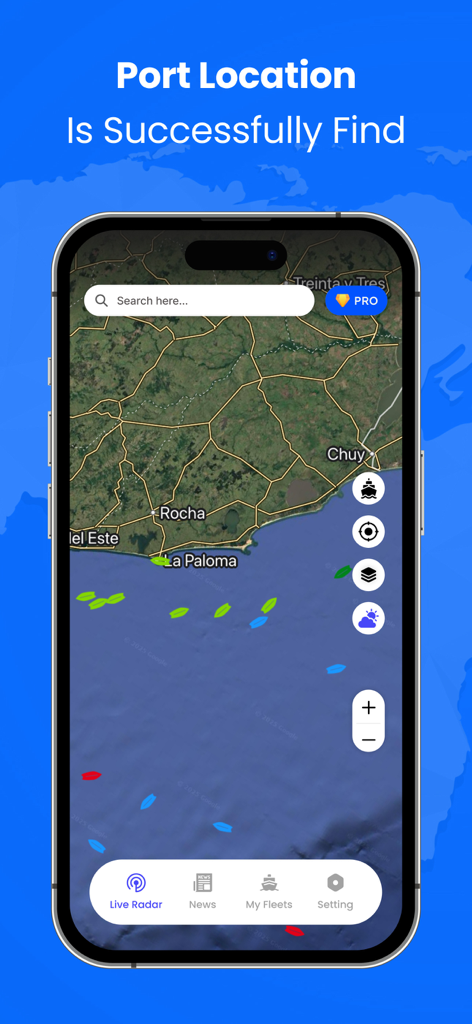 Live radar view of ship locations on a maritime map in the Ship Tracker plus app.