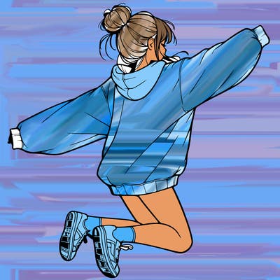realistic girl jumping with a bun and oversized sweatshirt