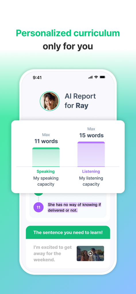 Plang app screen showing a personalized AI report with speaking and listening capacity metrics
